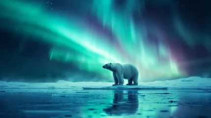 Fototapeten Polar bear in wild snow field with beautiful aurora northern lights in night sky with snow forest in winter. © rabbit75_fot