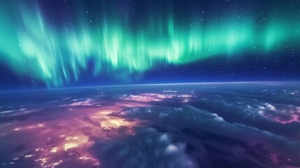 Aerial view of city lights cloud and beautiful aurora northern lights in night sky in winter.