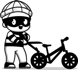 Cute thief steal bicycle with scissors cartoon vector icon illustration people transportation flat
