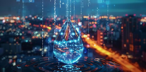 Envisioning the Future of Water Conservation: A Digital Hologram of a Water Drop Amidst an Urban Cityscape. Generative AI - obrazy, fototapety, plakaty