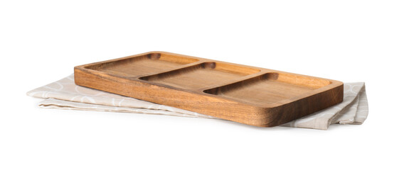 Wooden serving board and kitchen towel on white background