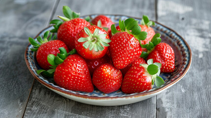 Delicious juicy strawberries in a wicker basket on a wooden gray background