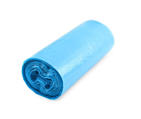 Roll of light blue garbage bags isolated on white