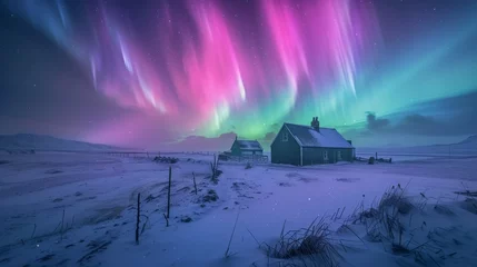 Fototapeten Farm house with beautiful aurora northern lights in night sky with snow forest in winter. © rabbit75_fot