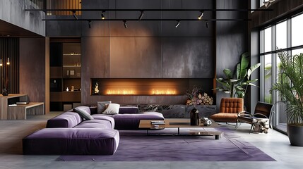 a visual representation using AI technology of a trendy loft purple living room,