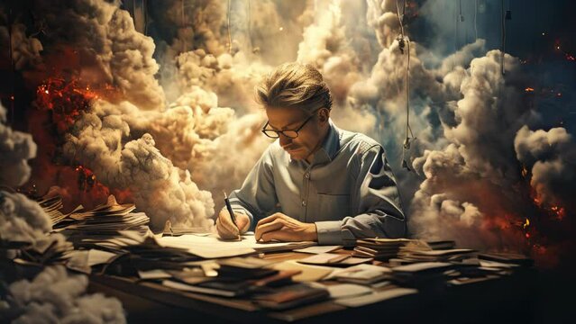 Abstract man working on important papers and documents in smoke and explosion. The concept of stress resistance and workaholism