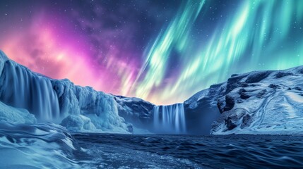 Fototapeta premium Waterfall with beautiful aurora northern lights in night sky with snow forest in winter.
