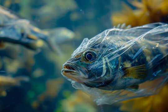 close-up of a fish covered in plastic