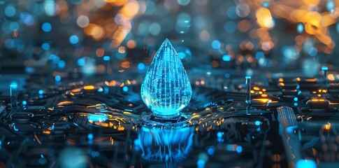 Envisioning the Future of Water Conservation: A Digital Hologram of a Water Drop Amidst an Urban Cityscape. Generative AI - obrazy, fototapety, plakaty