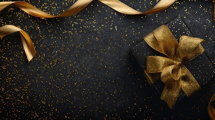 Gift box and golden ribbon on black background with glitter. Black Friday sale concept. Generative AI
