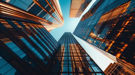 Low-angle View of Towering Skyscrapers Reaching Towards the Sky. Urban Majesty Concept.