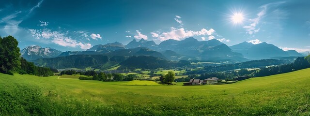 Idyllic mountain landscape in the Alps with scenic blooming meadows in the beautiful springtime. Generative AI