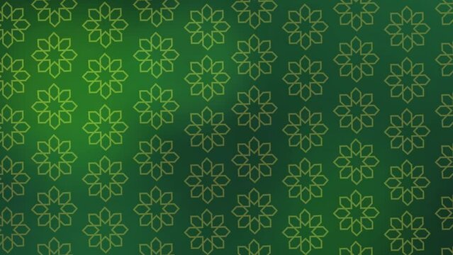 Animated yellow Islamic patterns on green motion background. Green seamless background.