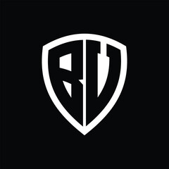 BV monogram logo with bold letters shield shape with black and white color design