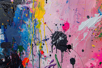 A colorful painting with splatters of paint on it. The colors are bright and the splatters give the painting a sense of movement and energy. The painting seems to be abstract