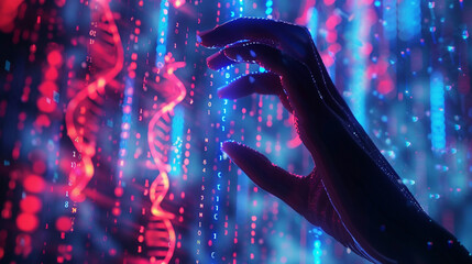 The silhouette of a hand against a backdrop of glowing genetic code, poised to interact with the...