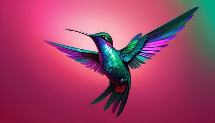 Fototapeta premium A magnificent hummingbird with iridescent feathers in shades of emerald green and ruby red sparkling eyes a delicate curved beak and slender legs against a vibrant pink background