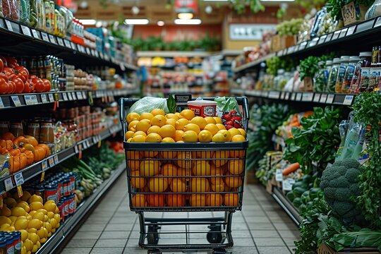 Produce an image of a crowded shopping cart filled with groceries in a supermarket aisle