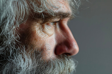 A close-up of head with gray hair and a beard