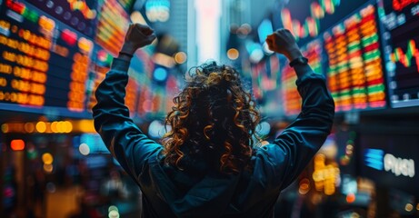 Celebrating success in a bustling financial district during a busy trading session with bright stock market screens in the background