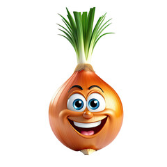3D tiny cartoon character of onion with eyes, arms, legs on white transparent background. promote healthy kid's eating, nutrition education, children's books, fun mascot to sell vegetables