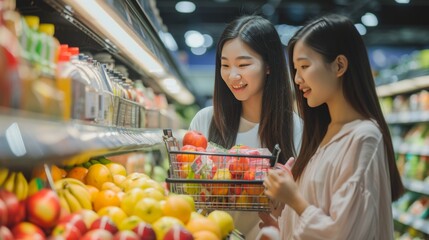 Friends shopping in a grocery store with fresh produce. - obrazy, fototapety, plakaty