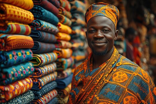 Produce an image of a person exploring a vibrant African market with traditional crafts and textiles
