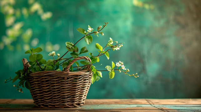 wicker basket on the background of the garden. Selective focus.