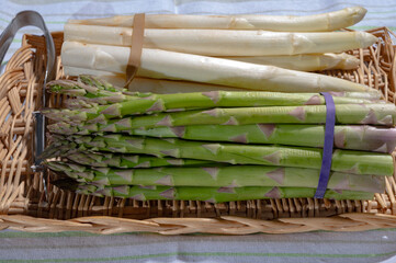 Bunch of fresh raw white and green asparagus vegetables, new season of asparagus