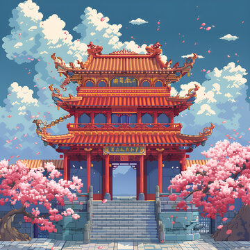 Temple of heaven, pixel art masterpiece frames a majestic, multi-tiered traditional Asian structure, standing proudly under a sky dotted with fluffy clouds. Gen AI