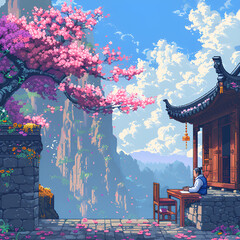 Pixel art style depicts a scene that exudes a sense of quiet contemplation, stone terrace, which is adorned with flowering plants, an explosion of cherry blossoms forms a vibrant pink canopy. Gen AI