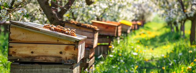 Fototapeta na wymiar Bee hives in a blooming garden. Selective focus.
