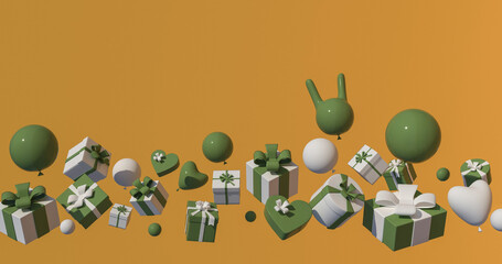 gift boxes of various shapes, white with green balls on an orange background. 3D rendering, cartoonishly floating in the air arranged in a line horizontally