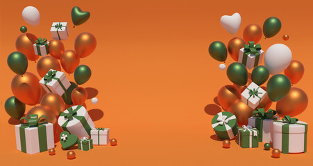 gift boxes of various shapes, white with green bows with orange-green mother-of-pearl balls on an orange background 3D rendering cartoonishly arranged symmetrically in the corners of the image
