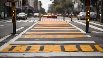 
"Crosswalk Clarity: Close-Up of Zebra Crossing Lines with Traffic Signals, Ensuring Safety and Order"