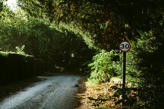 A speed sign on a country road