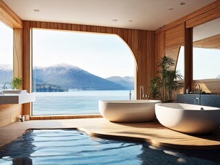 Modern swimming pole bathroom interior with bathtub and sink, panoramic window