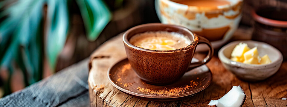 Butter bulletproof and coffee in a cup. Selective focus.