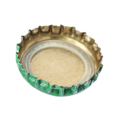 One green beer bottle cap isolated on white