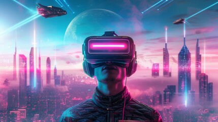 A male is in a virtual fantasy world when wearing VR headset.