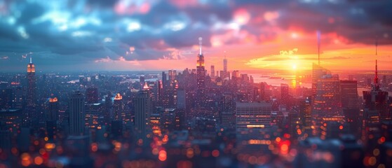 Fototapeta premium Sunset over a bustling city skyline with dramatic clouds and vibrant colors reflecting off skyscrapers in the evening sky