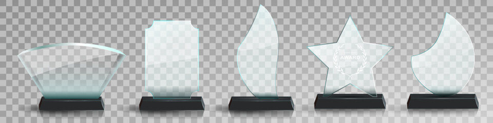 Glass award trophy set. Transparent prize template. Winner first place concept. Vector illustration. Winner glass trophy. First place award, crystal prize and signed acrylic trophies. Glass awarding t - obrazy, fototapety, plakaty