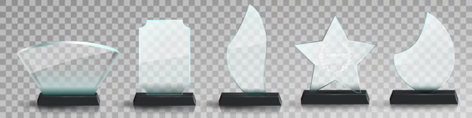 Tuinposter Glass award trophy set. Transparent prize template. Winner first place concept. Vector illustration. Winner glass trophy. First place award, crystal prize and signed acrylic trophies. Glass awarding t © Максим Славов