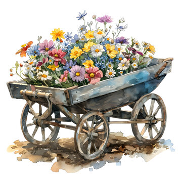 watercolor flowers in wooden wheelbarrow clip art preview