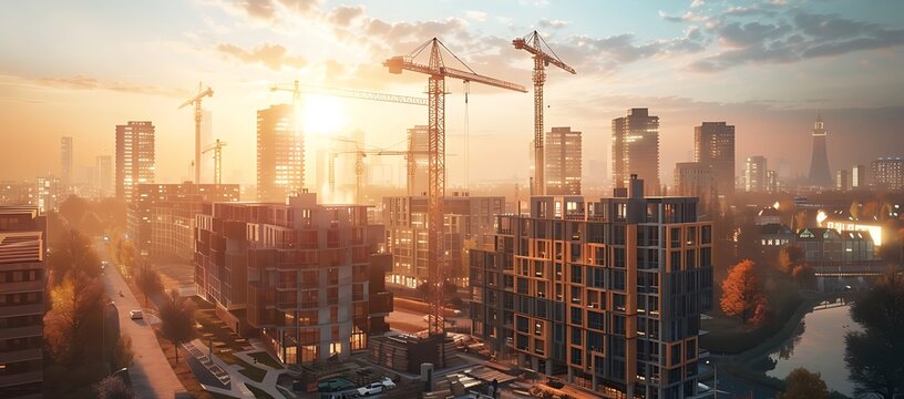 Buildings construction: A Construction of high-rise buildings, tower cranes are lifting steel on high-rise building construction sites in big city. City construction - Generative AI