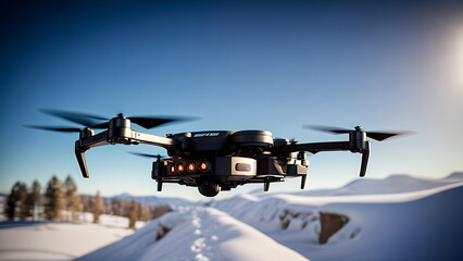 A futuristic black quadcopter flies in the mountains on a frosty winter day