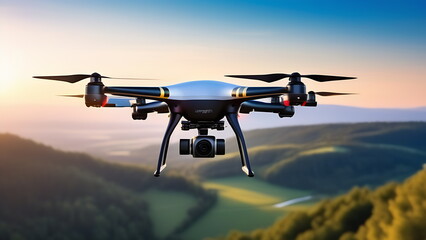 A quadcopter in a gray body takes video of the nature of mountains and hills from the air in summer - obrazy, fototapety, plakaty