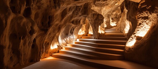 Stone staircase in a limestone cave with vibrant lighting.
