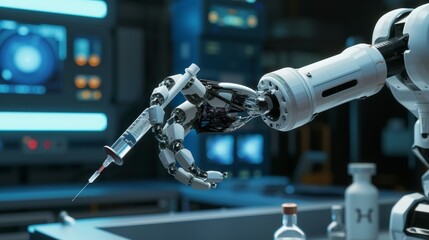 An advanced robot is working in a biochemistry research lab - obrazy, fototapety, plakaty