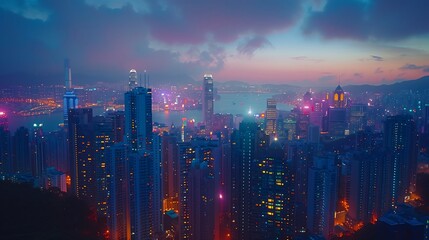 Neon Glow of Cityscape Against Twilight Sky - obrazy, fototapety, plakaty